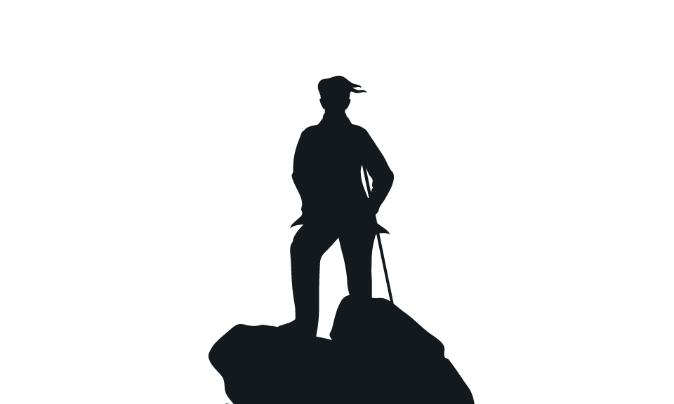 A silhouette of a person holding a cane standing on a rock.