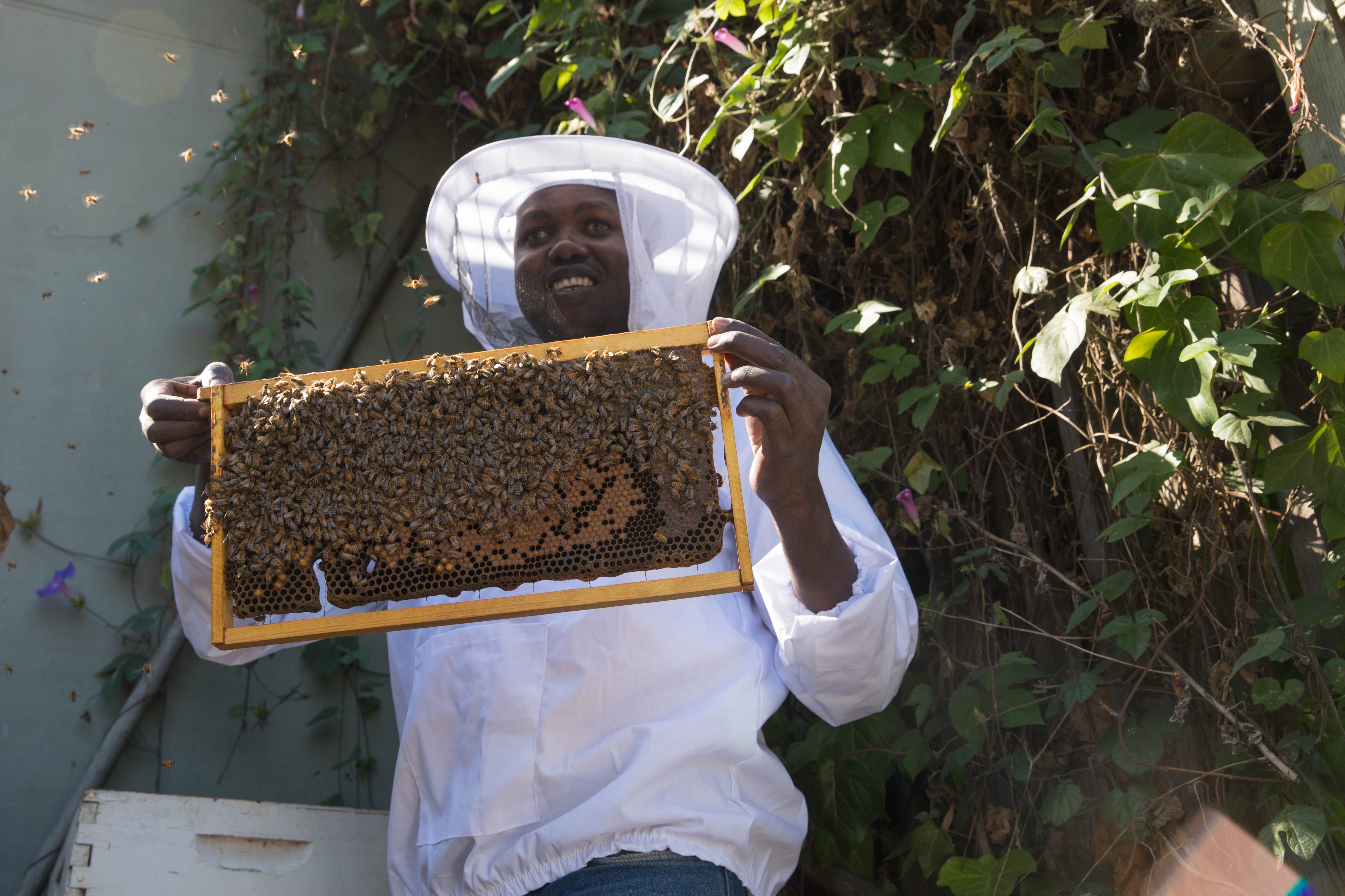 2017 Holman Prizewinner and beekeeper Ojok Simon smiles and holds up the wooden frame of a beehive.