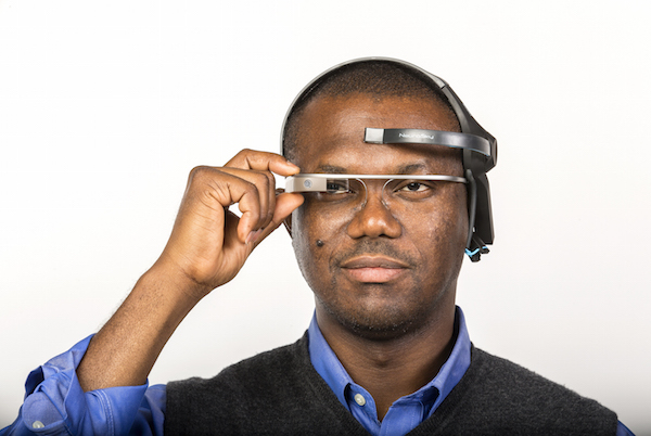 Zuby Onwuta wears an accessible headset technology.